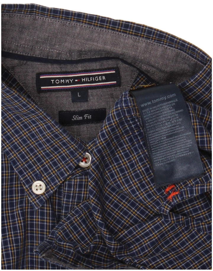 Tommy Hilfiger Camisa masculina Slim Fit grande algodão xadrez azul marinho