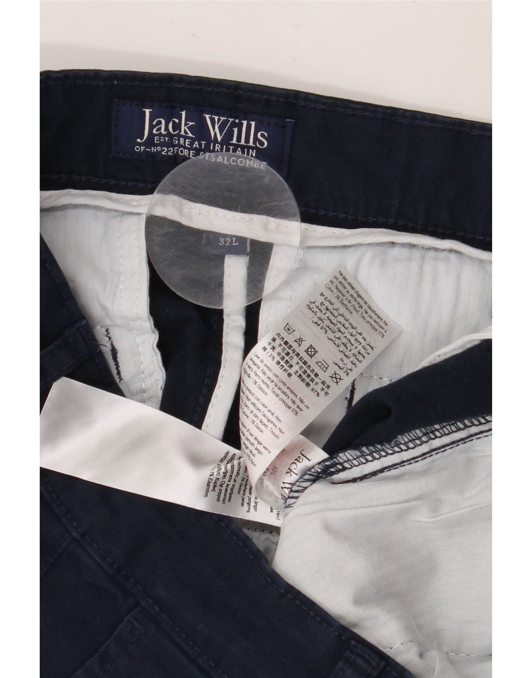 Calça chino masculina JACK WILLS W32 L29 algodão azul marinho