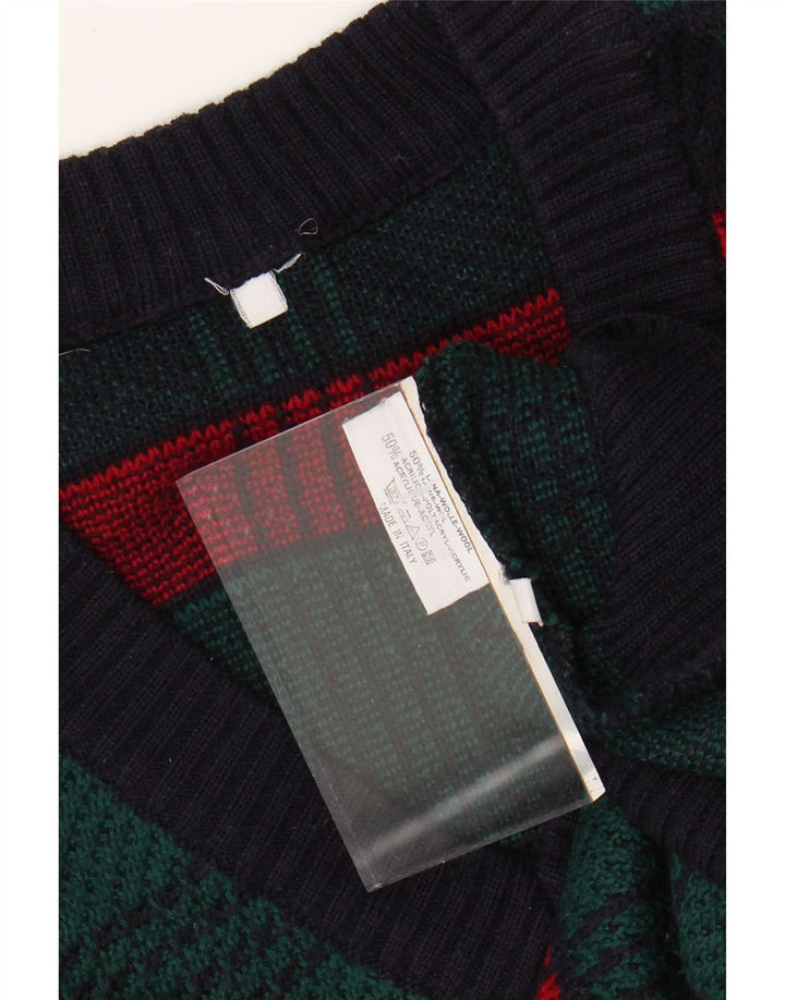 Suéter masculino VINTAGE com decote em V grande lã listrada verde