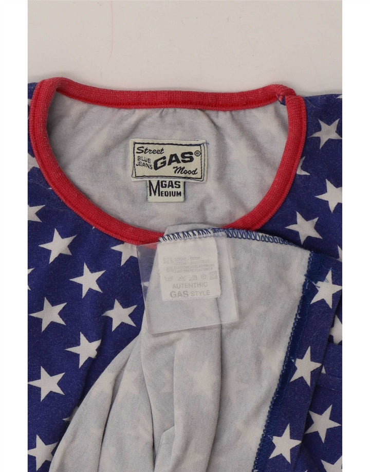 Camiseta feminina com padrão abstrato Gas Top UK 14 algodão azul médio