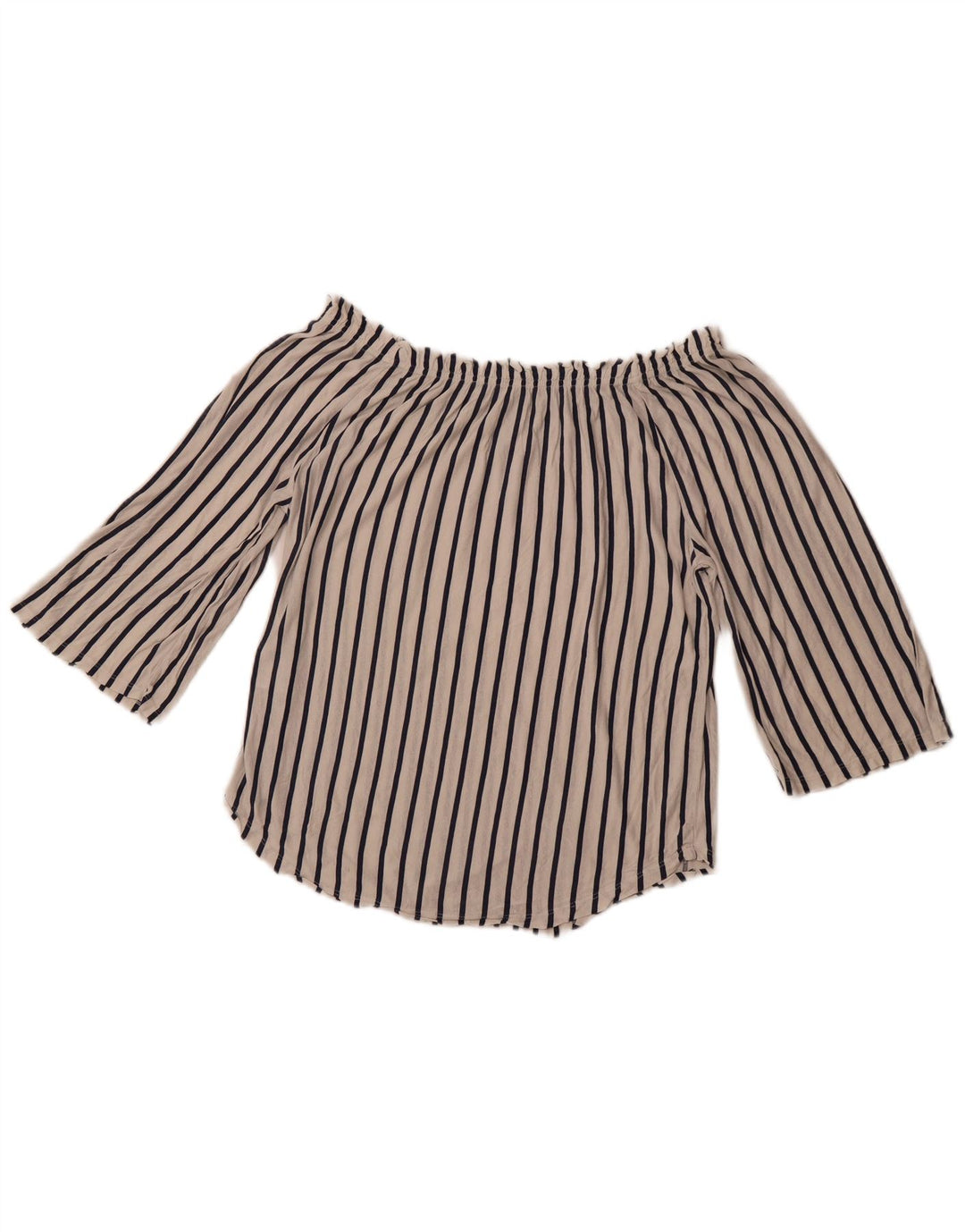 Top feminino BENETTON manga 3/4 sem ombro Reino Unido 14 listrado branco médio