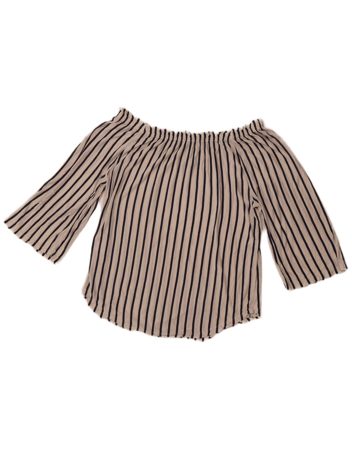 Top feminino BENETTON manga 3/4 sem ombro Reino Unido 14 listrado branco médio