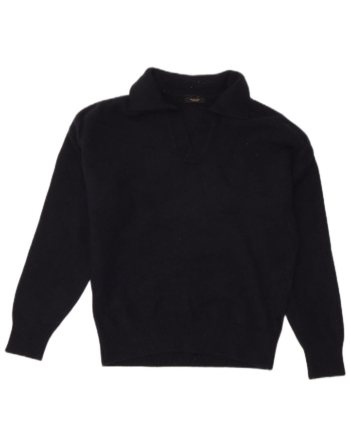 Suéter feminino MASSIMO DUTTI com gola polo Reino Unido 14 lã azul marinho médio