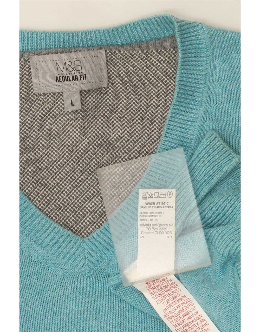 Suéter masculino Marks & Spencer com ajuste regular e decote em V, grande turquesa