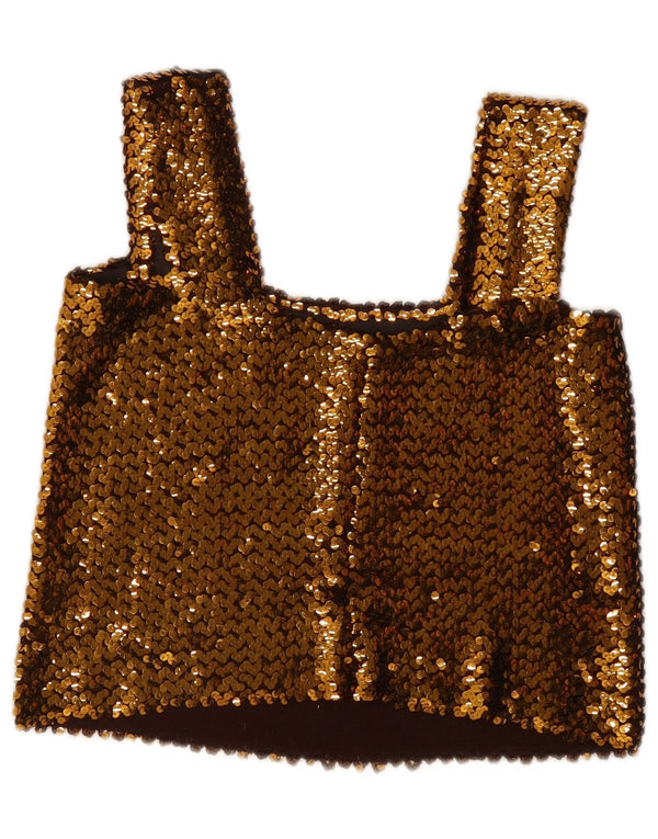 Top feminino vintage sem mangas com lantejoulas UK 12 ouro médio