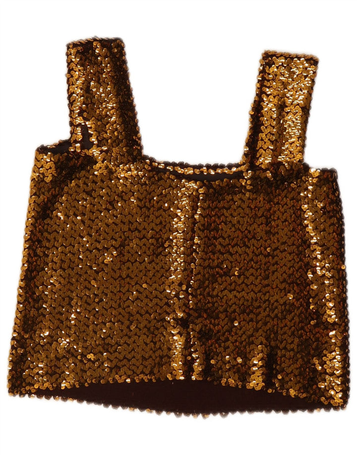Top feminino vintage sem mangas com lantejoulas UK 12 ouro médio