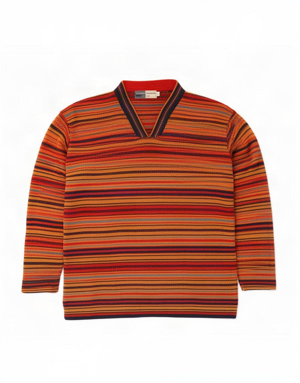 Suéter masculino vintage com decote em V, tamanho único, algodão listrado multicolorido