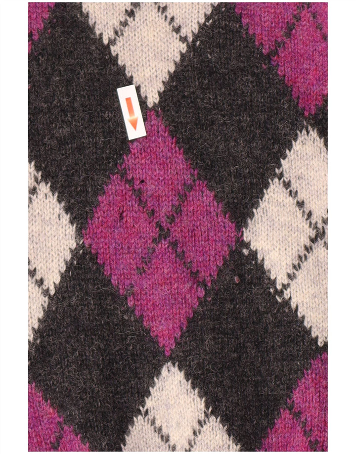 Suéter vintage masculino com gola polo e lã virgem grande cinza argyle/diamante
