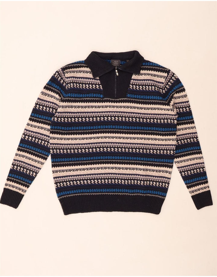 Suéter masculino VINTAGE com zíper e gola média em acrílico listrado multicolorido