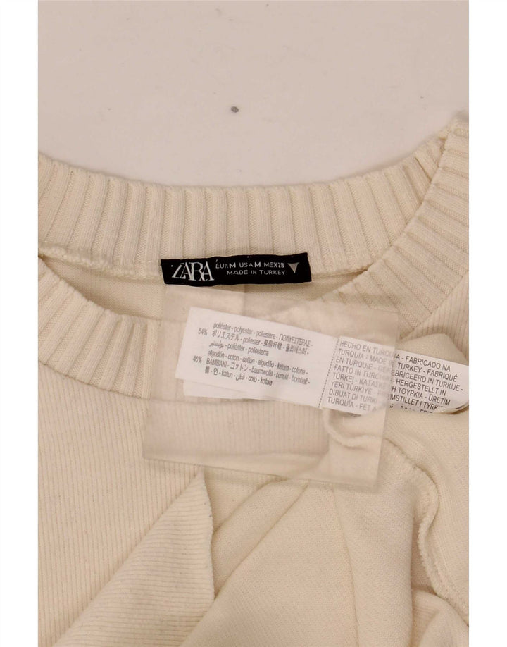 Suéter feminino Zara com gola redonda, Reino Unido 14, médio, branco, poliéster