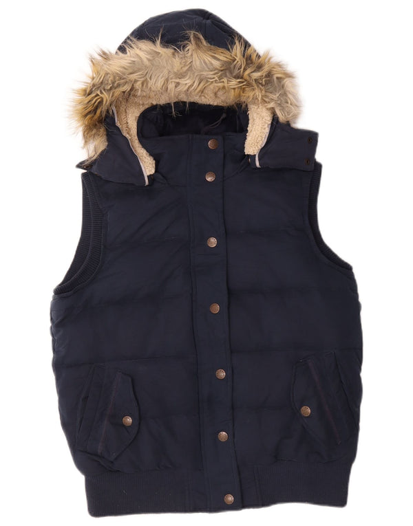 Colete acolchoado com capuz feminino Fat Face UK 12 algodão azul marinho médio