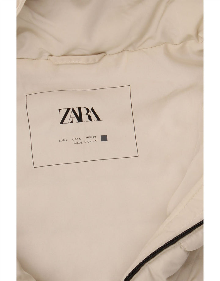 Colete acolchoado com capuz feminino Zara UK 14 grande poliéster branco