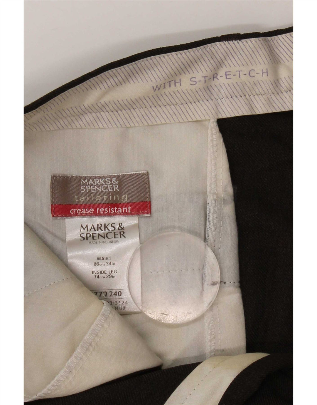 Calça chino reta masculina Marks & Spencer W34 L29 poliéster marrom