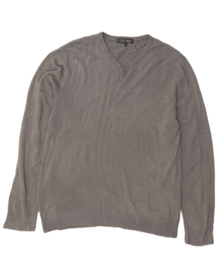 Suéter masculino Marks & Spencer com decote em V grande acrílico cinza