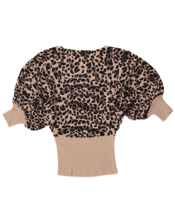 Blusa feminina vintage manga 3/4 top UK 10 pequena bege estampa animal viscose