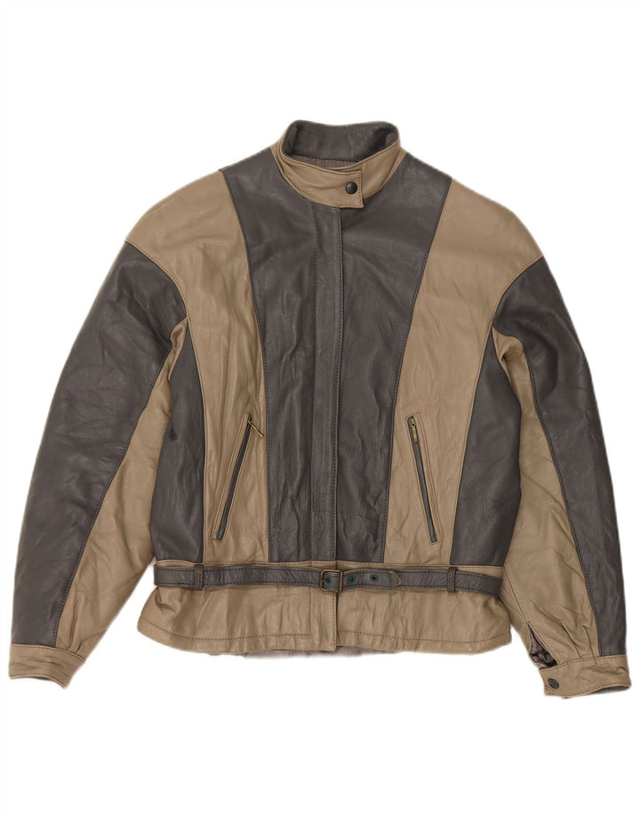 Jaqueta de couro feminina vintage Reino Unido 14 couro colorblock cinza médio