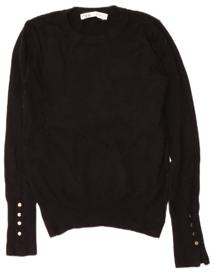 Zara Suéter feminino com gola redonda e gola redonda, preto pequeno, 10