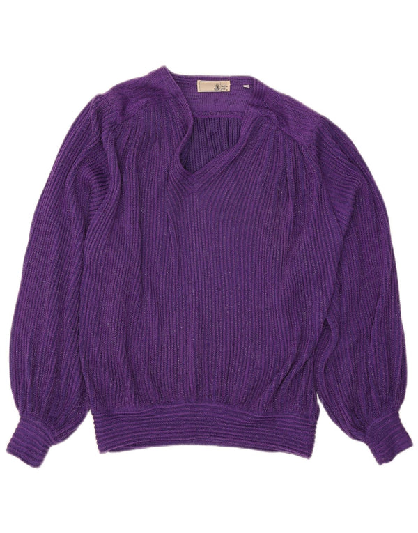 Suéter feminino vintage com decote em V IT 46 grande roxo manchado