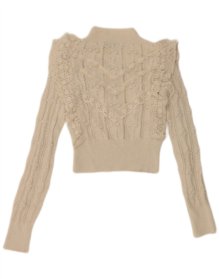 Suéter feminino Zara com babados na frente e gola tartaruga Reino Unido 10 pequeno off white
