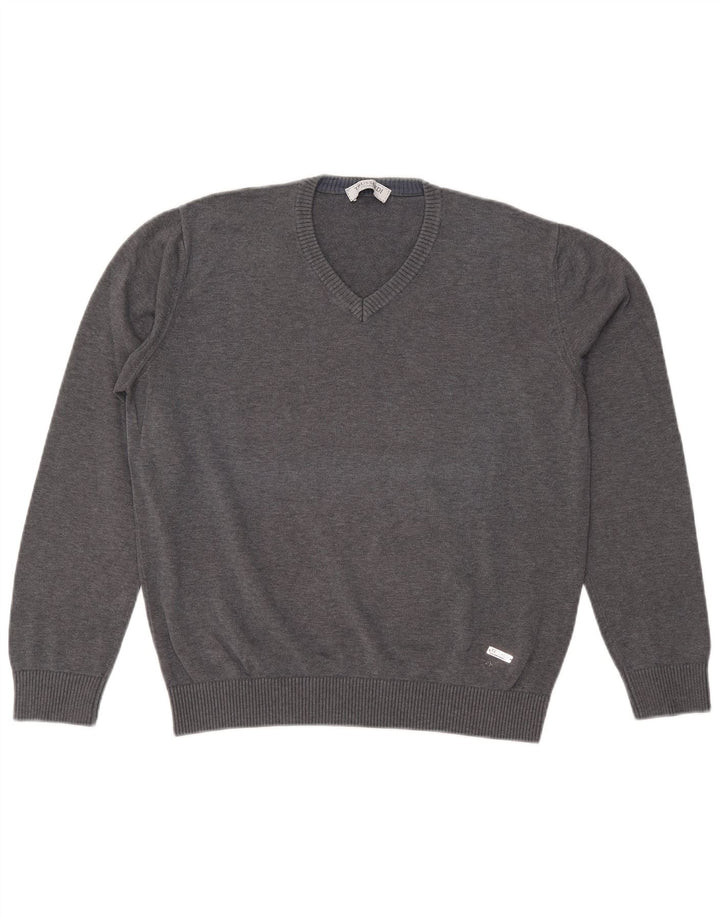 Suéter masculino Trussardi com decote em V grande algodão cinza