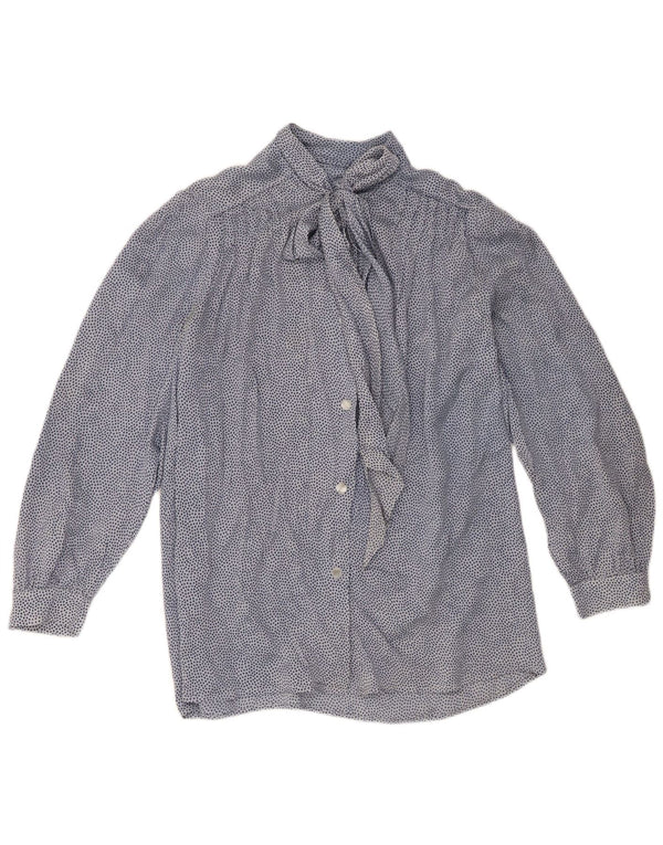 Camisa/blusa feminina vintage com laço frontal Reino Unido 16 Grande Azul com Bolinhas