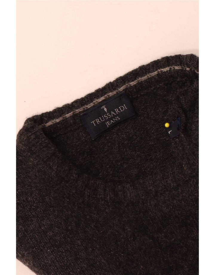 Trussardi Jeans Suéter masculino com gola redonda, grande lã cinza