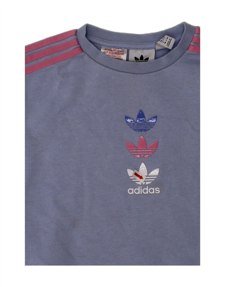 ADIDAS Girls Graphic Sweatshirt Jumper 2-3 Years Blue Cotton Vintage Adidas and Second-Hand Adidas from Messina Hembry 