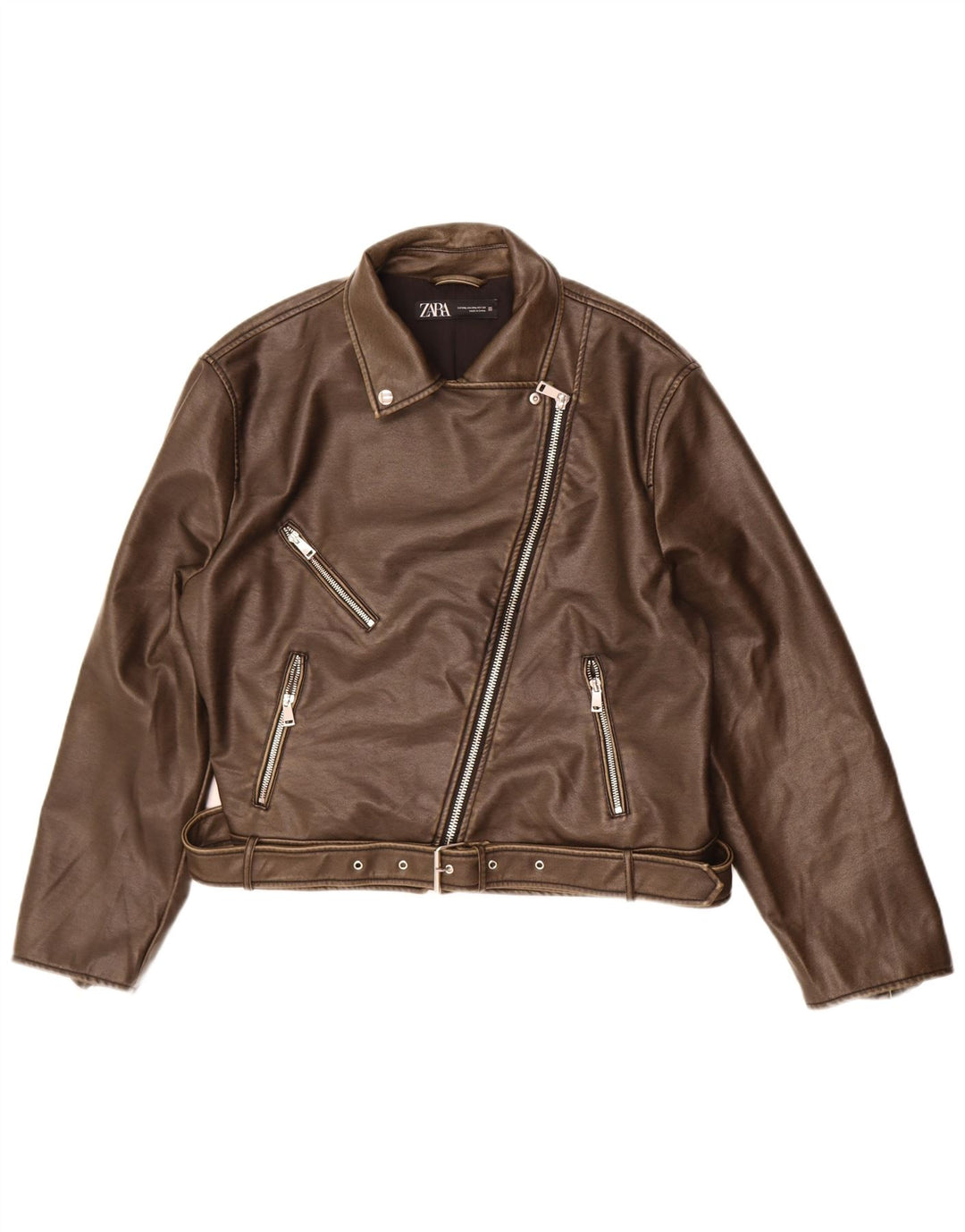 Zara Jaqueta feminina de couro sintético para motociclista UK 20 2XL marrom poliuretano