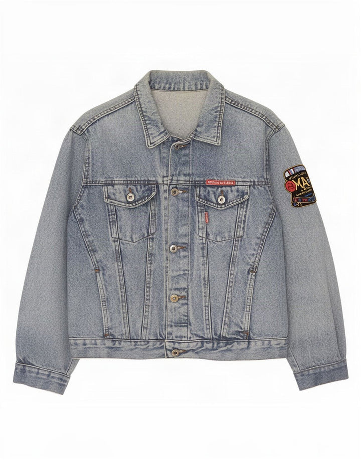 Jaqueta jeans gráfica feminina vintage Reino Unido 12 azul médio