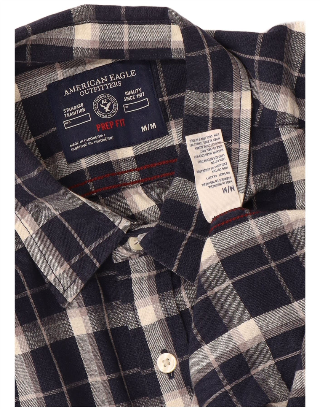 Camisa masculina American Eagle médio azul marinho xadrez algodão