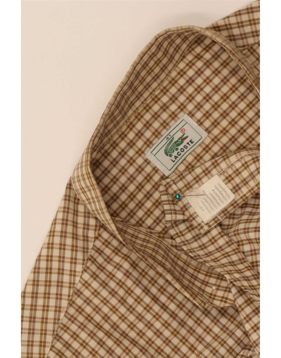 Lacoste Camisa masculina de manga curta tamanho 41 grande algodão xadrez bege