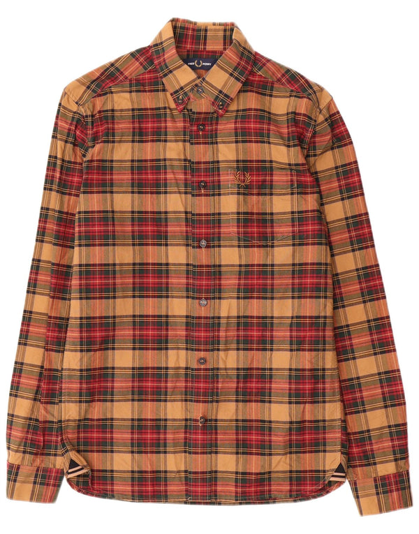 Camisa masculina Fred Perry pequena xadrez marrom algodão