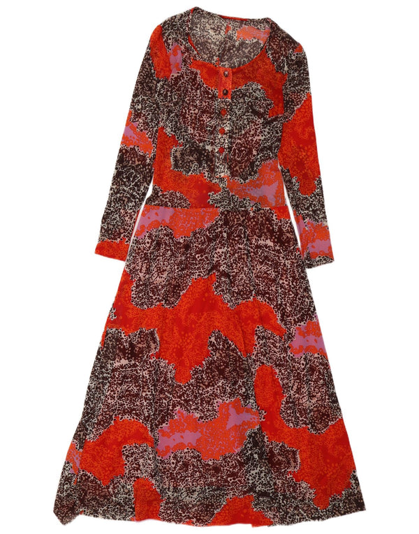 Vestido maxi feminino vintage de manga comprida UK 12 médio laranja estampa animal