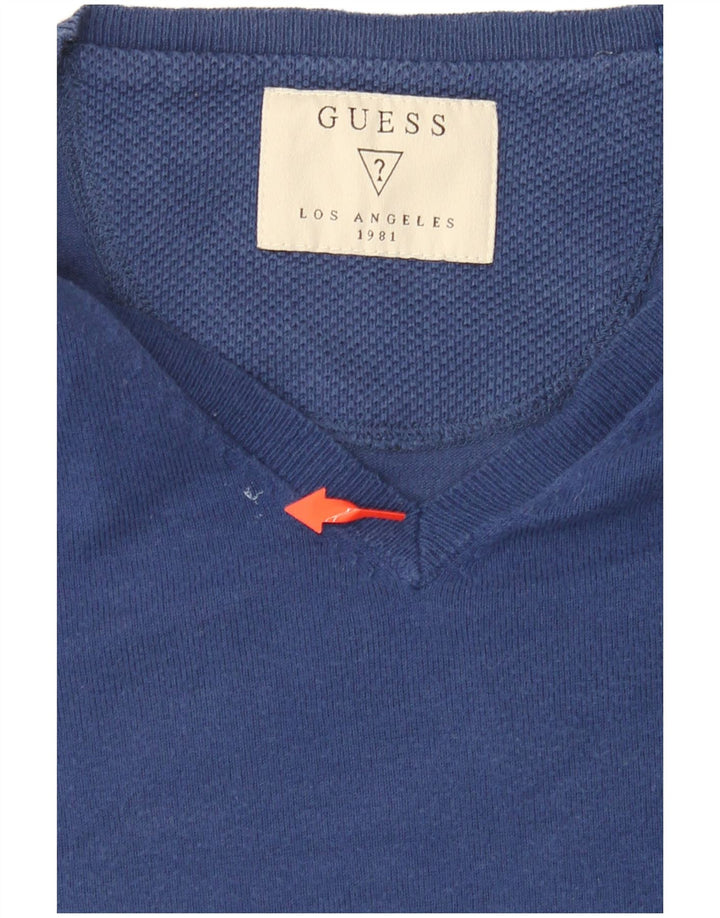 GUESS Mens V-Neck Jumper Sweater  UK 40 Medium Blue Cotton