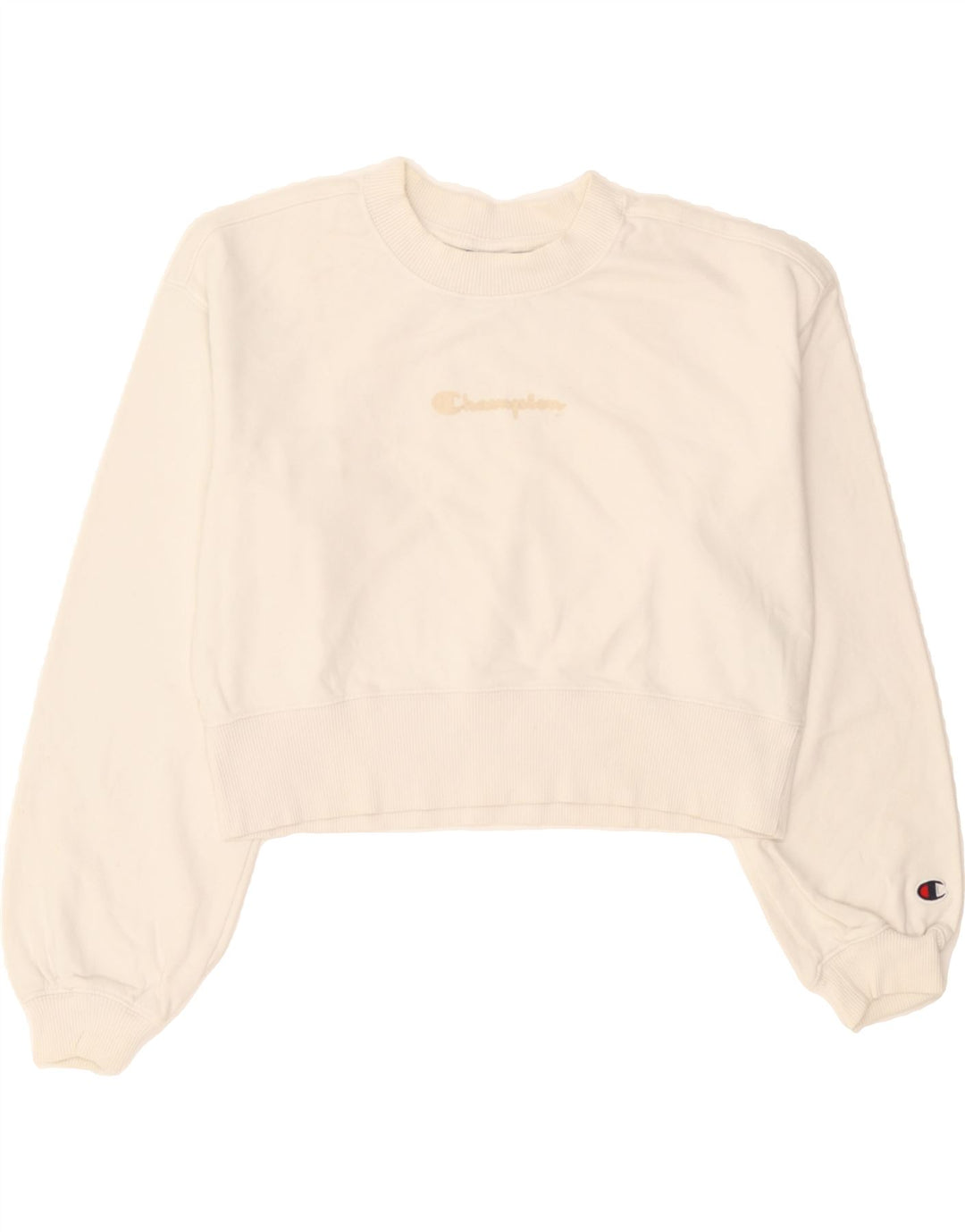 CHAMPION Womens Oversized Graphic Crop Sweatshirt Jumper UK 6 XS White Vintage Champion and Second-Hand Champion from Messina Hembry 