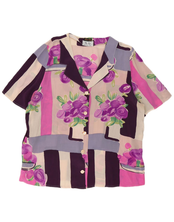 Blusa feminina vintage de manga curta UK 18 XL seda floral roxa