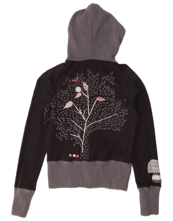 Suéter feminino Roxy com capuz e zíper gráfico cropped UK 12 médio preto floral