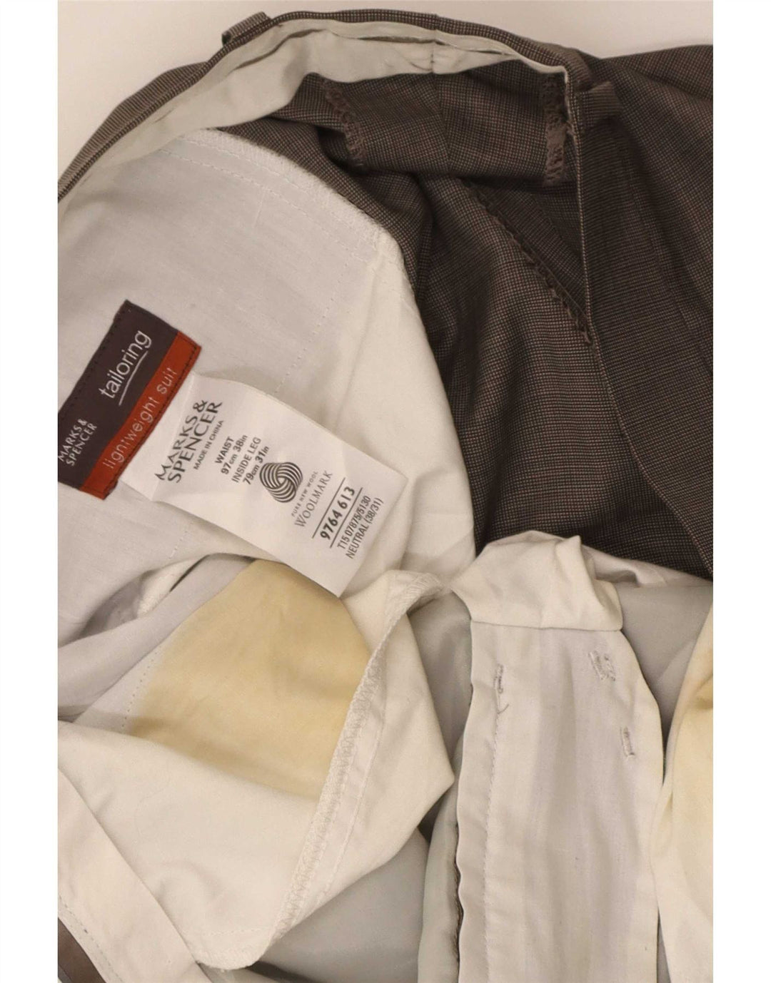 Calça masculina de terno reto Marks & Spencer W38 L31 cinza nova lã