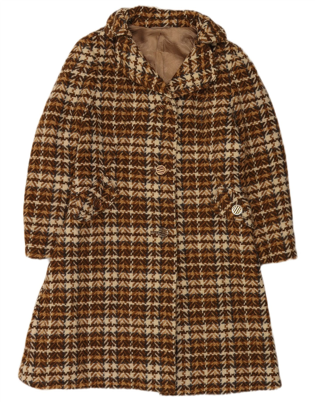Sobretudo feminino vintage Reino Unido 8 lã espinha de peixe marrom pequena