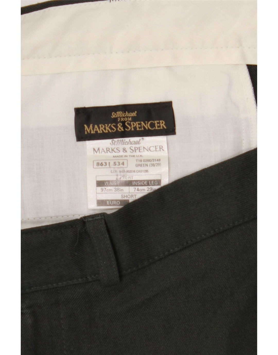 Calça chino reta masculina Marks & Spencer W38 L29 poliéster verde