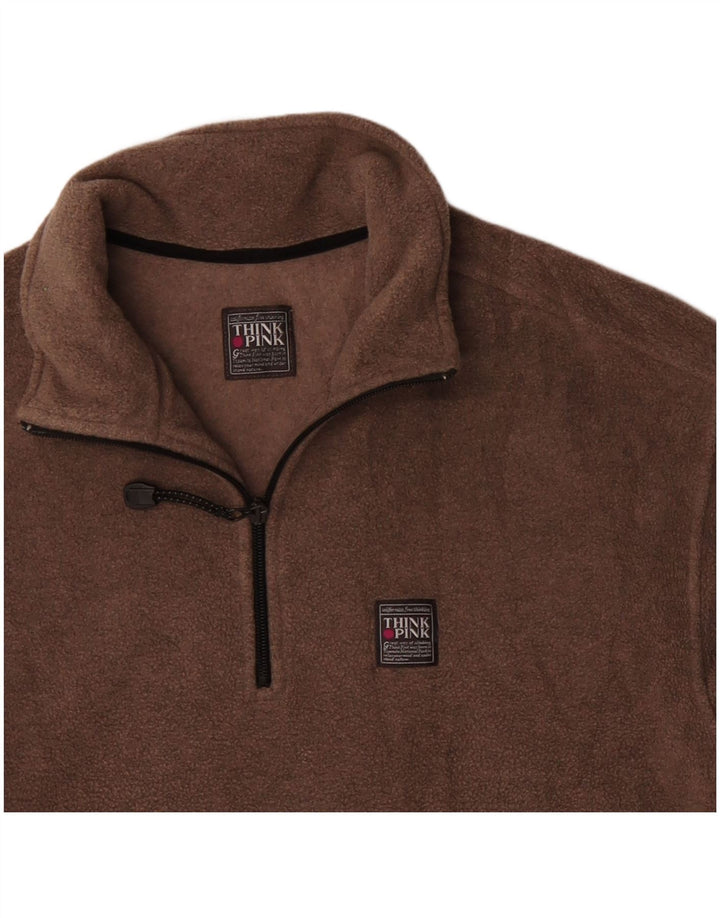 Suéter de lã feminino Think Pink com zíper e gola UK 14 poliéster marrom médio