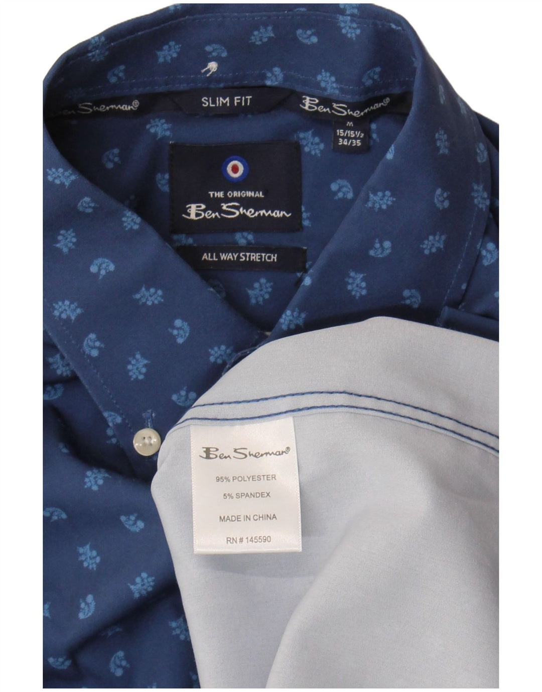 Camisa masculina Ben Sherman Slim Fit tamanho 15 1/2 poliéster floral azul médio