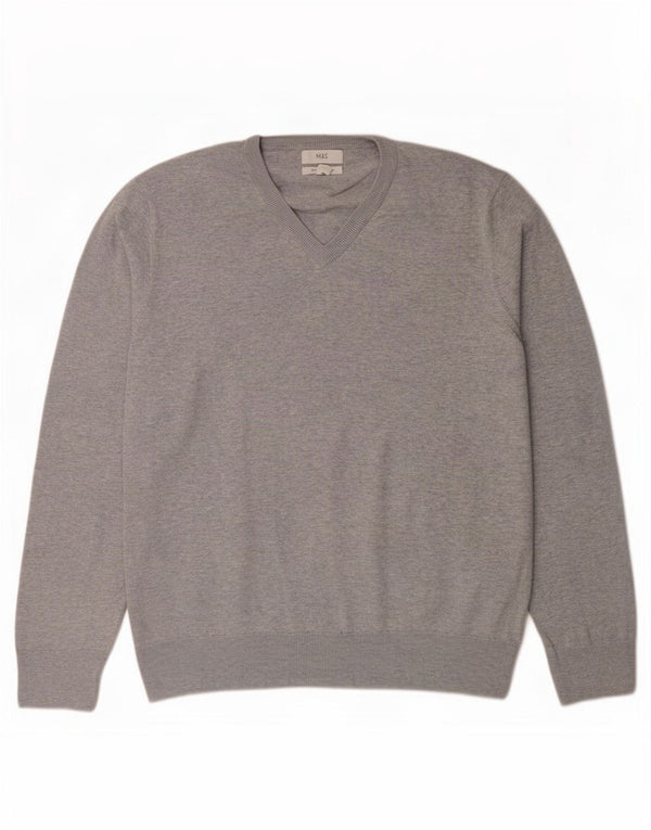 Suéter feminino Marks & Spencer com decote em V UK 18 XL algodão manchado cinza