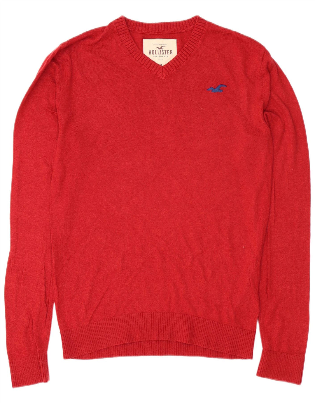 Suéter masculino Hollister com decote em V de algodão vermelho médio