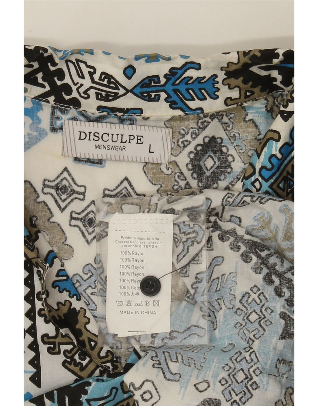 Camisa masculina vintage de manga curta grande azul Ikat Rayon