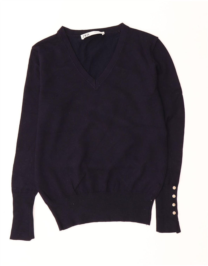 ZARA Suéter feminino curto com decote em V Reino Unido 12 médio azul marinho