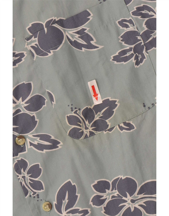 Camisa masculina vintage de manga curta algodão floral azul médio