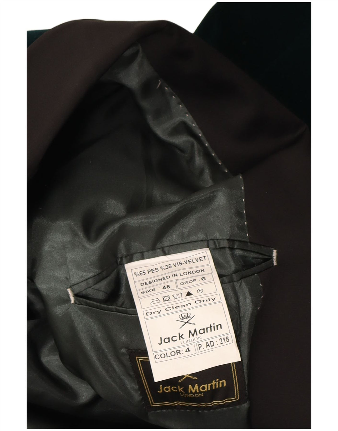 Jaqueta blazer masculina de veludo com 1 botão Jack Martin IT 48 poliéster verde médio