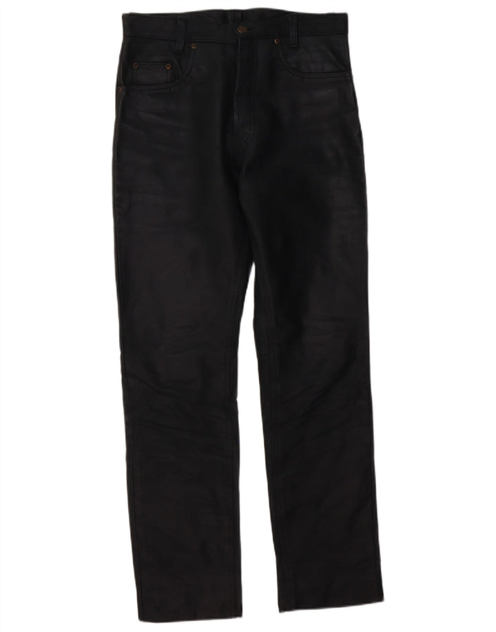 Calças de couro retas masculinas vintage W30 L30 pretas