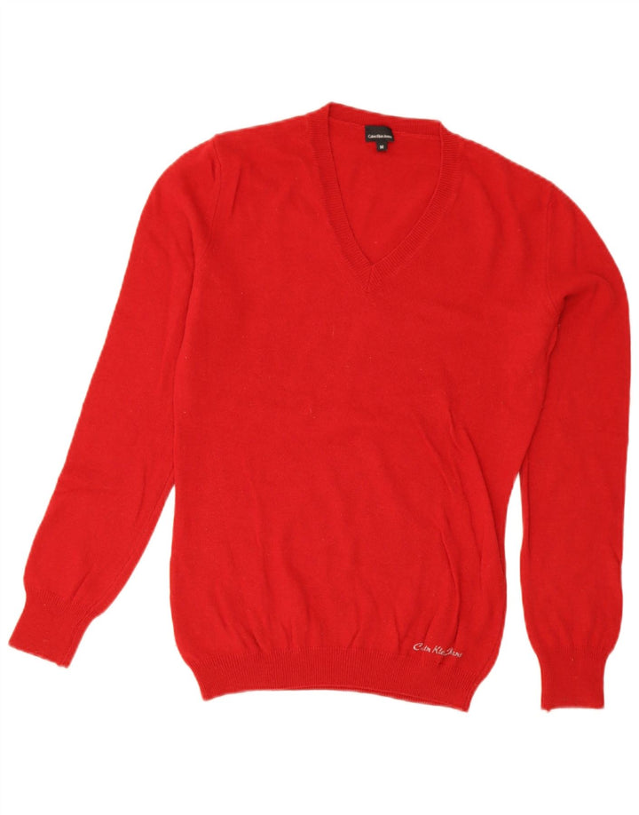 Suéter feminino Calvin Klein Jeans com decote em V Reino Unido 12 lã vermelha média